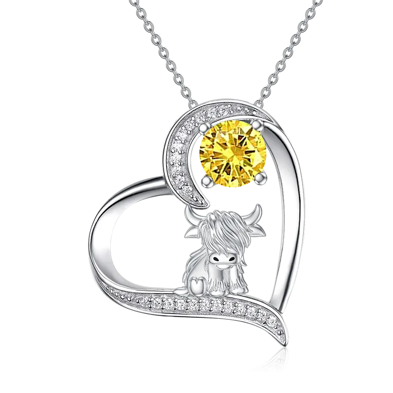 12 Months Birthstone Highland Cow Necklace Gifts for Women Girls Animal Cow Lover