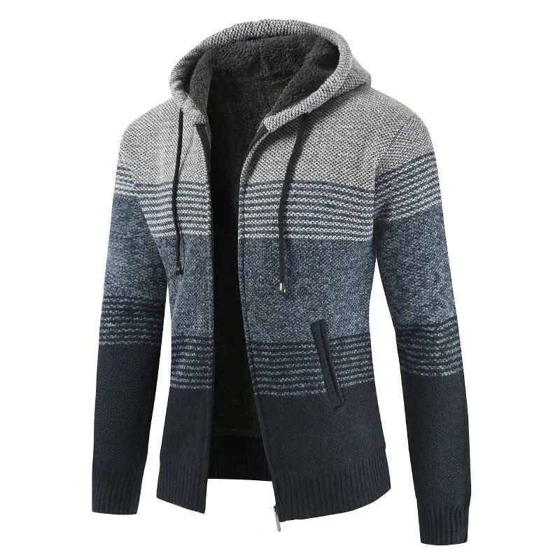 2022 Winter Sweater Coat Men Thick Warm Hooded Cardigan Jumpers Men Striped Wool Liner Zipper Fleece