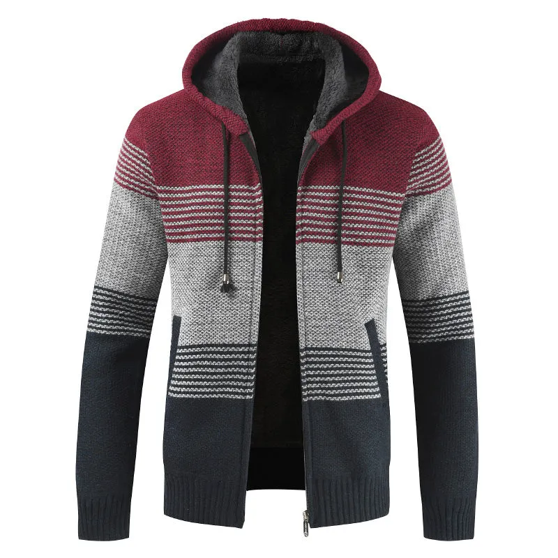 2022 Winter Sweater Coat Men Thick Warm Hooded Cardigan Jumpers Men Striped Wool Liner Zipper Fleece