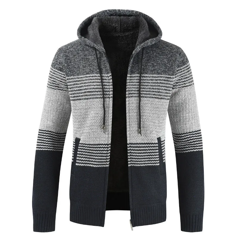 2022 Winter Sweater Coat Men Thick Warm Hooded Cardigan Jumpers Men Striped Wool Liner Zipper Fleece