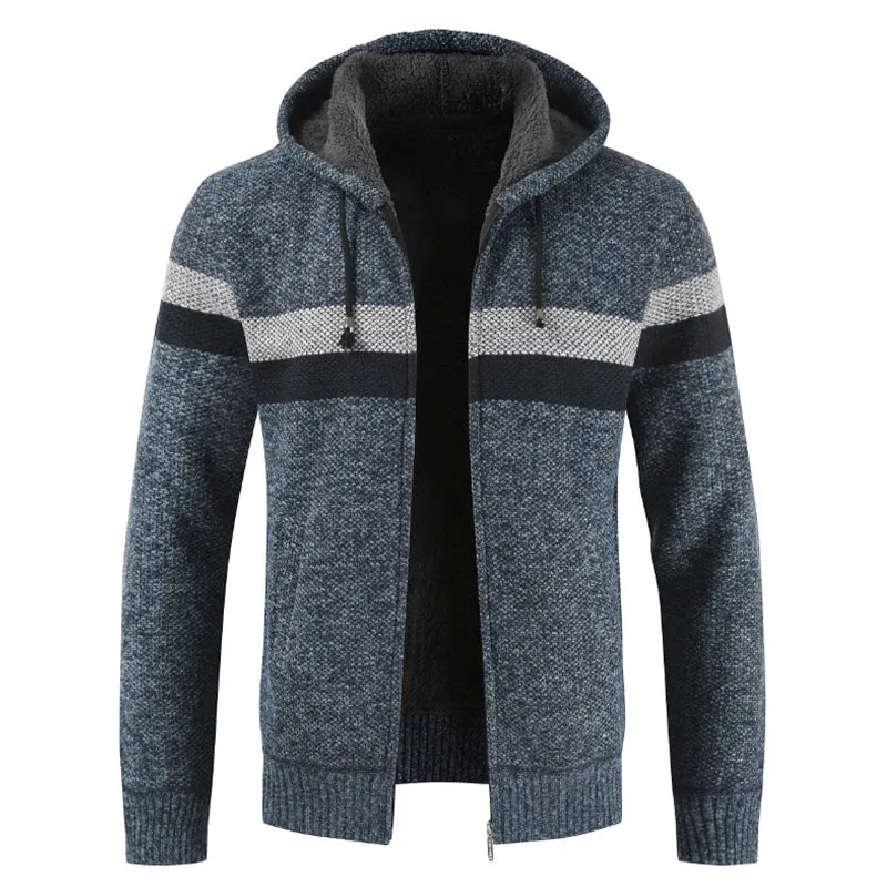 2022 Winter Sweater Coat Men Thick Warm Hooded Cardigan Jumpers Men Striped Wool Liner Zipper Fleece