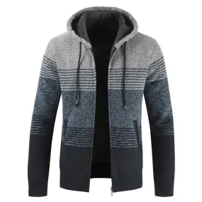 2022 Winter Sweater Coat Men Thick Warm Hooded Cardigan Jumpers Men Striped Wool Liner Zipper Fleece