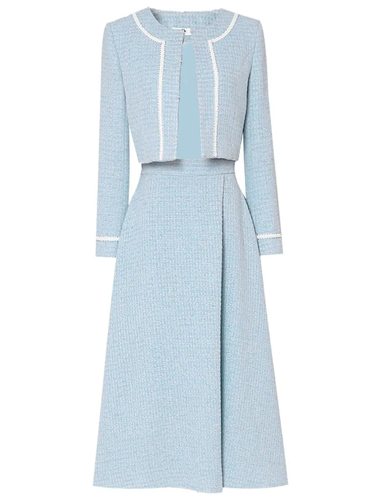 2PS Lake Blue Long Sleeve Coat With Swing Skirt Suit