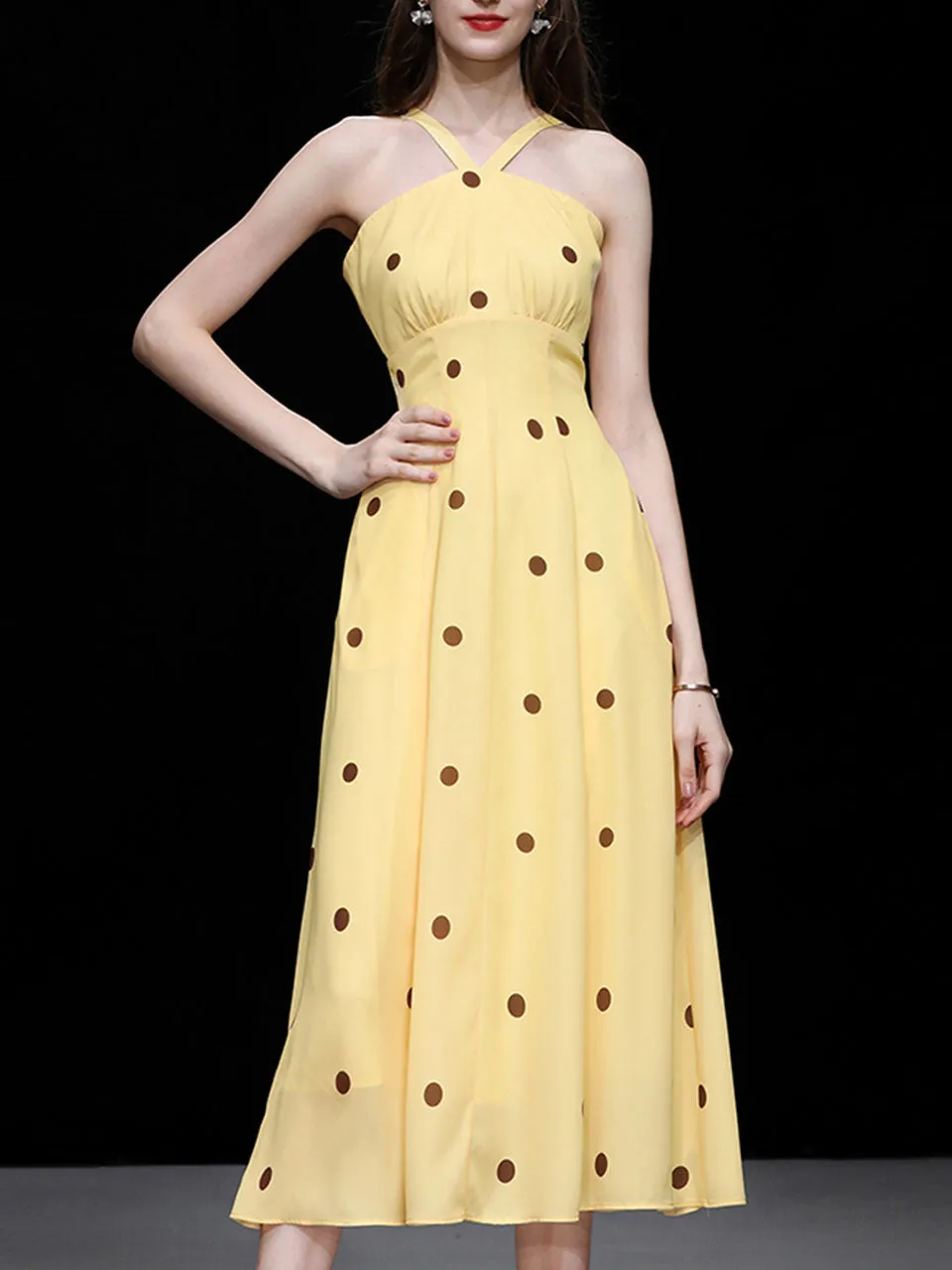 2PS Yellow 1950S Vintage Classic Coat And Spaghetti Strap Polka Dots Dress Suit