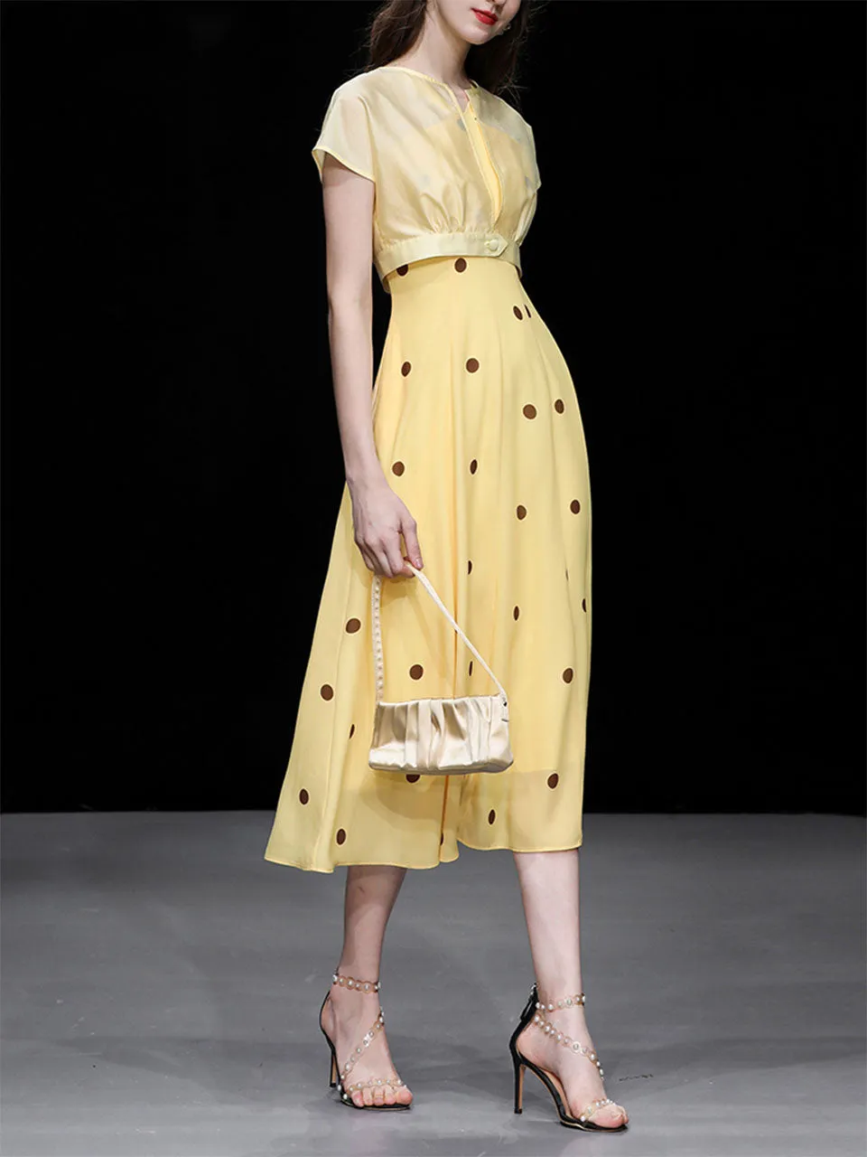 2PS Yellow 1950S Vintage Classic Coat And Spaghetti Strap Polka Dots Dress Suit