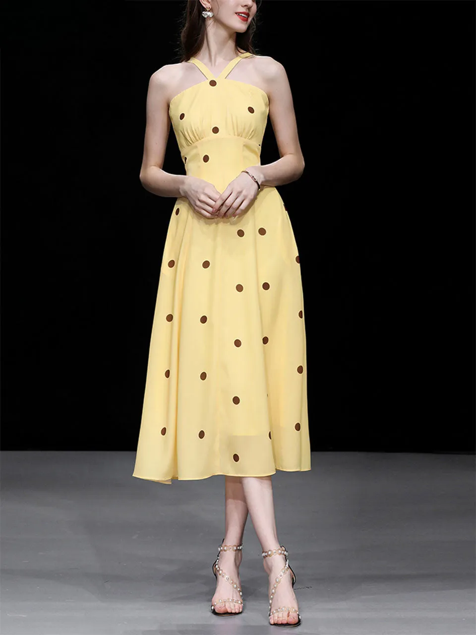 2PS Yellow 1950S Vintage Classic Coat And Spaghetti Strap Polka Dots Dress Suit