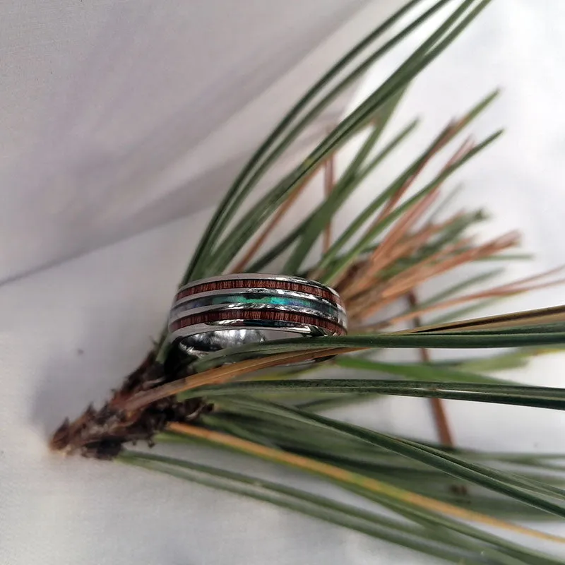 8 mm Silver Plated Tungsten Carbide Ring with Abalone Shell and Hawaiian Koa Wood Inlay