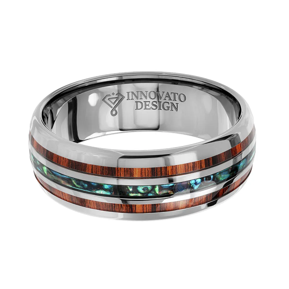 8 mm Silver Plated Tungsten Carbide Ring with Abalone Shell and Hawaiian Koa Wood Inlay