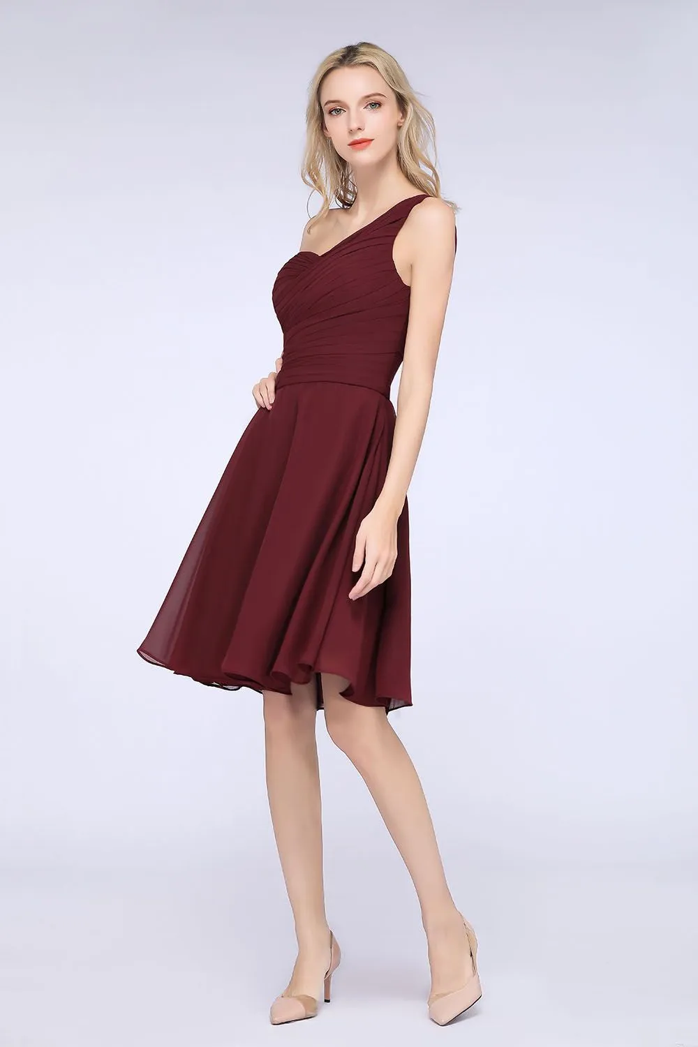 A-Line Chiffon One Shoulder Sweetheart Sleeveless Short Bridesmaid Dress