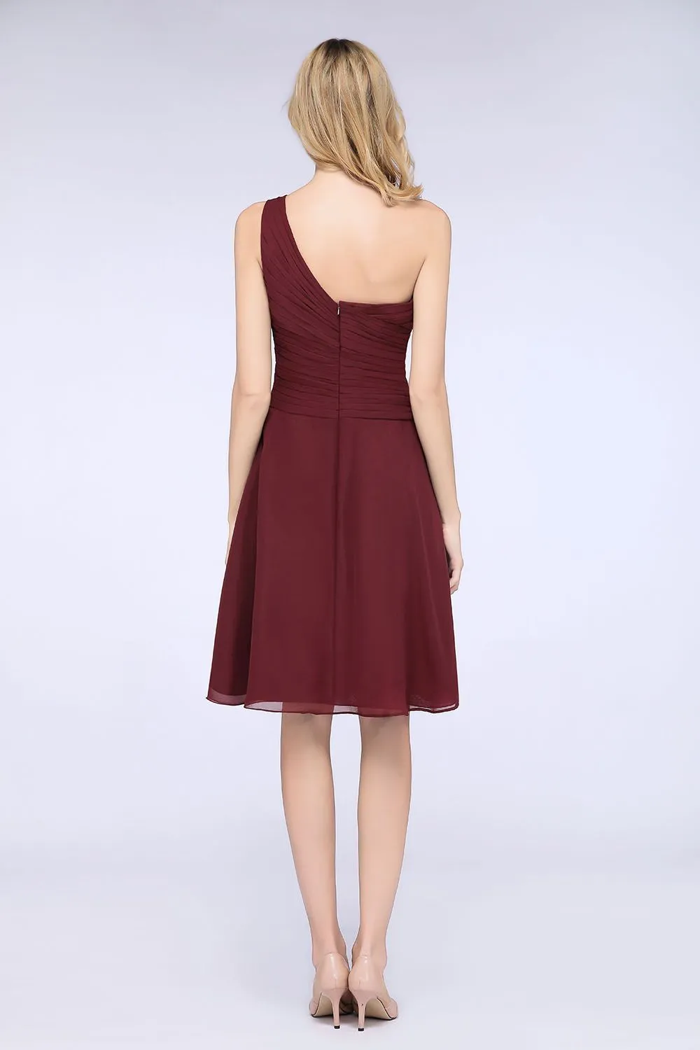 A-Line Chiffon One Shoulder Sweetheart Sleeveless Short Bridesmaid Dress