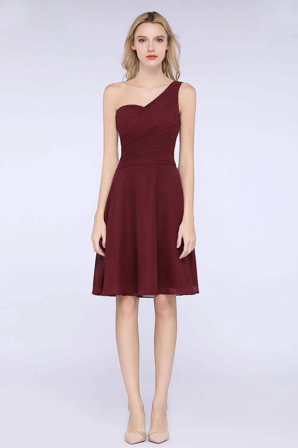 A-Line Chiffon One Shoulder Sweetheart Sleeveless Short Bridesmaid Dress