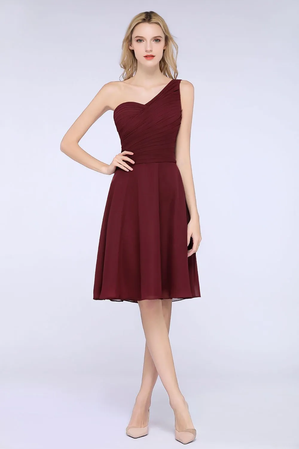 A-Line Chiffon One Shoulder Sweetheart Sleeveless Short Bridesmaid Dress