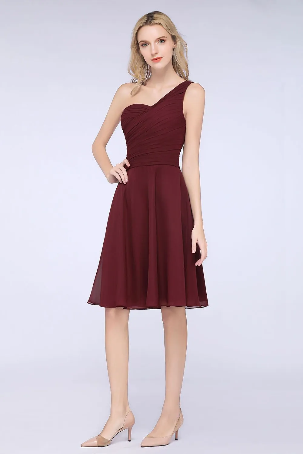 A-Line Chiffon One Shoulder Sweetheart Sleeveless Short Bridesmaid Dress