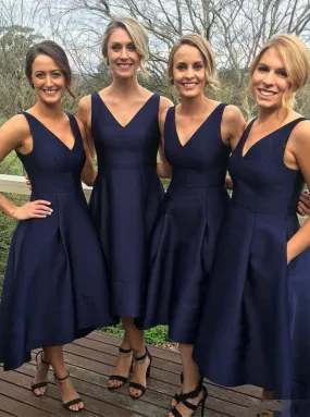 A-Line V-Neck Sleeveless High Low Satin Bridesmaid Dress