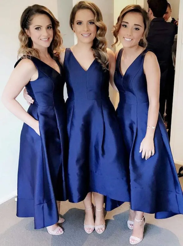 A-Line V-Neck Sleeveless High Low Satin Bridesmaid Dress