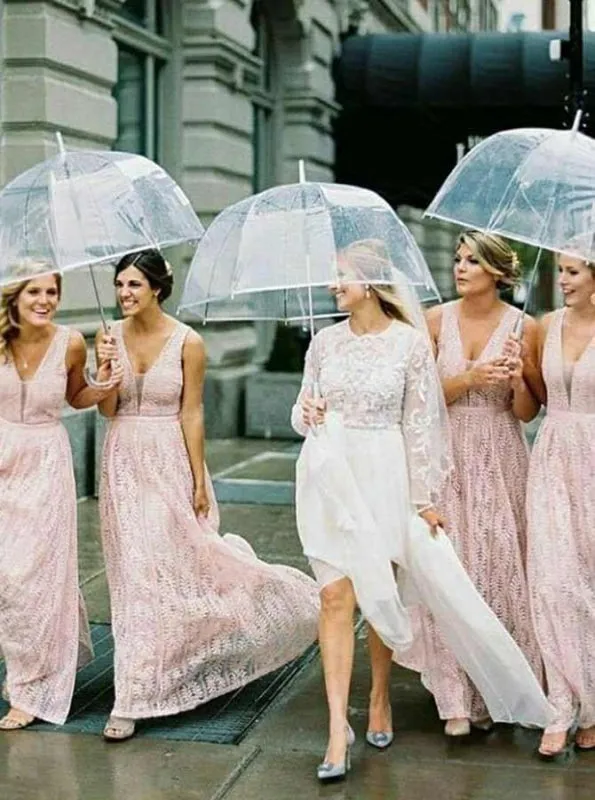 A-Line V-Neck Sleeveless Lace Pink Lace Bridesmaid Dress