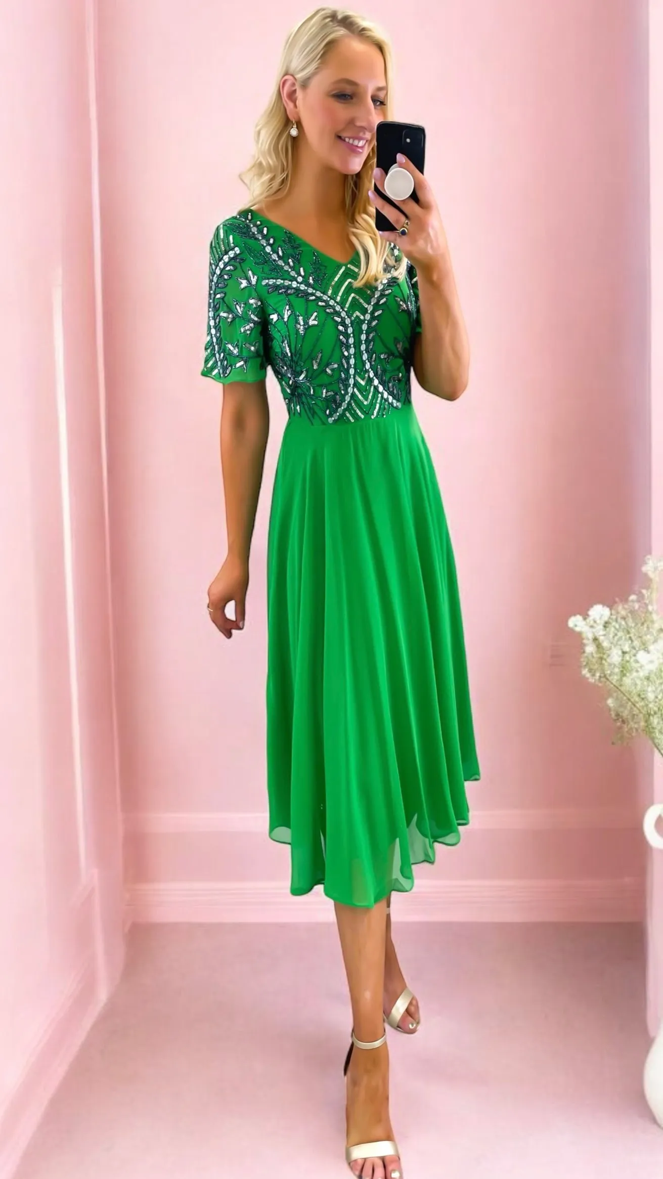 A1768 Emerald Embellished Flare Dress