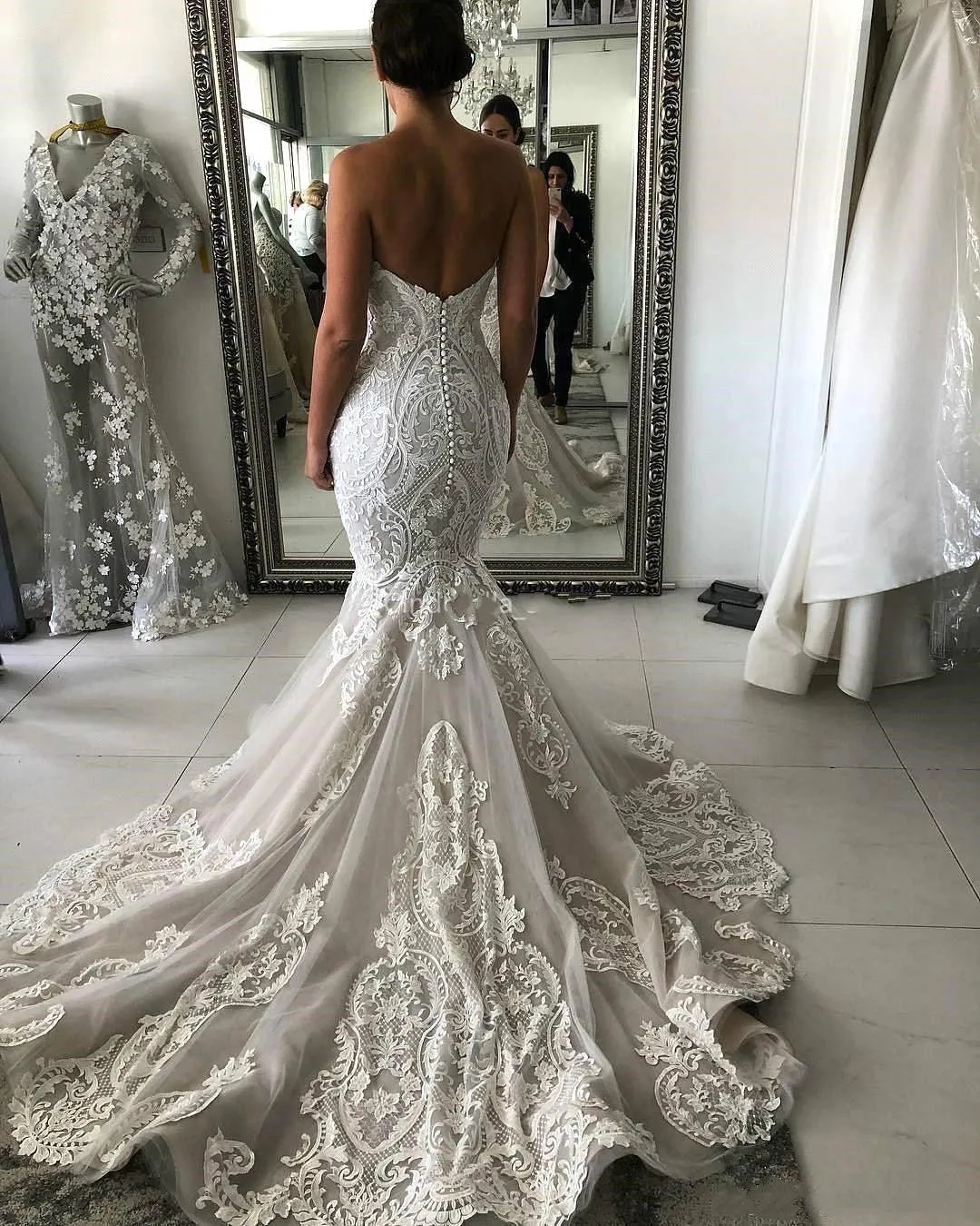 Amazing Long Mermaid Sweetheart Appliques Lace Wedding Dress