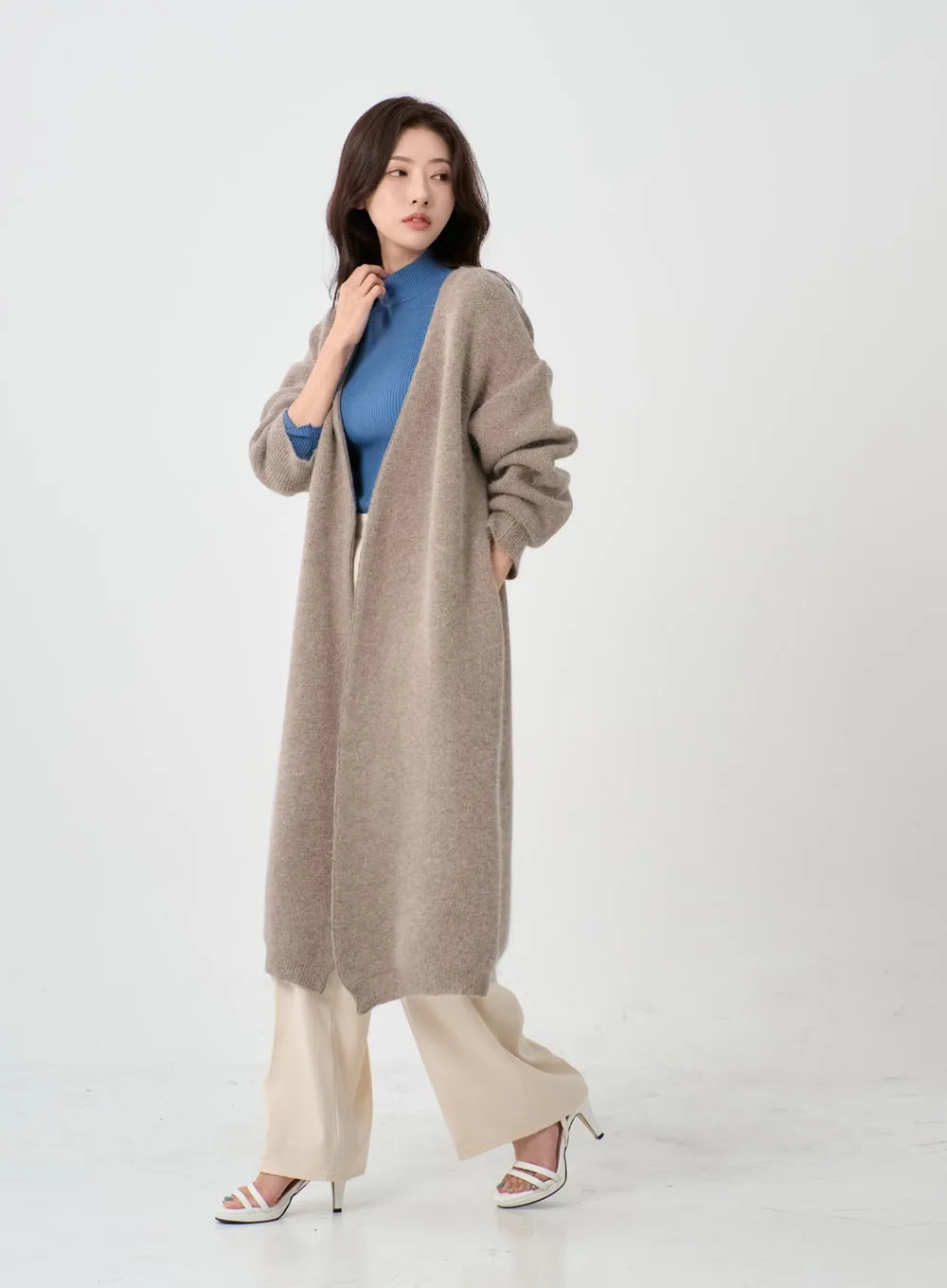 Angora V-Neck No Button Long Cardigan IO12