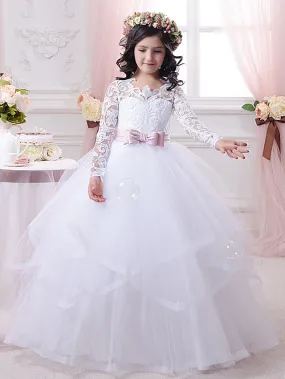 Ball Gown Cotton Long Sleeve Lace Tulle First Communion Flower Girl Dresses