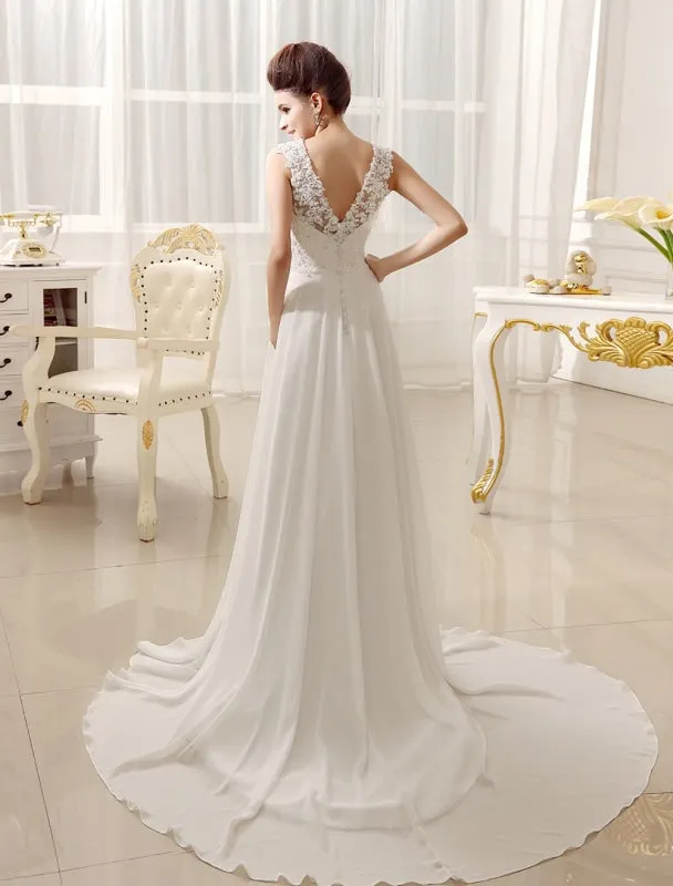 Beach Wedding Dresses Chiffon Ivory Bridal Dress Lace Beading V Neck Court Train Summer Bridal Gown