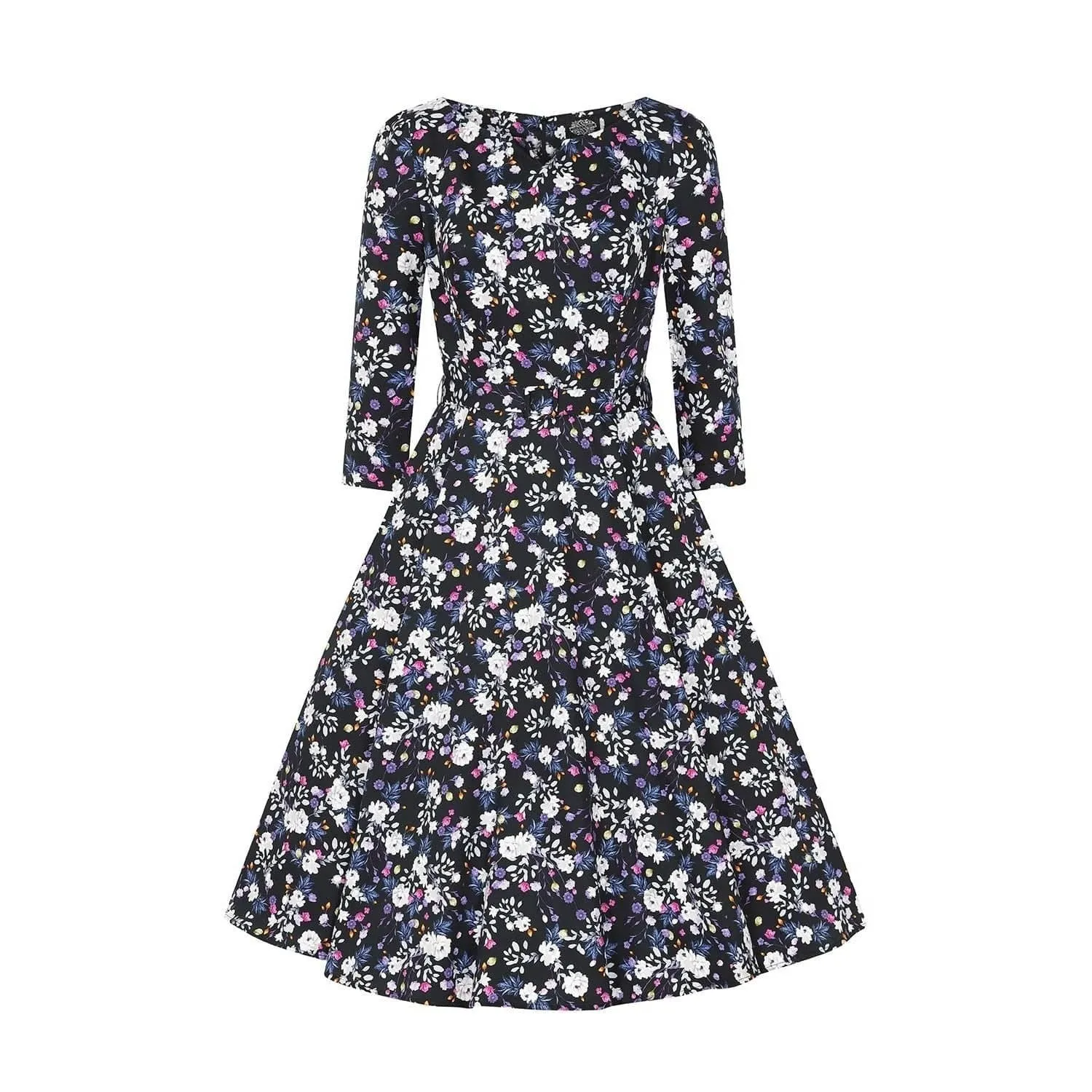 Black Multi Floral Print 3/4 Sleeve 50s Swing Dress