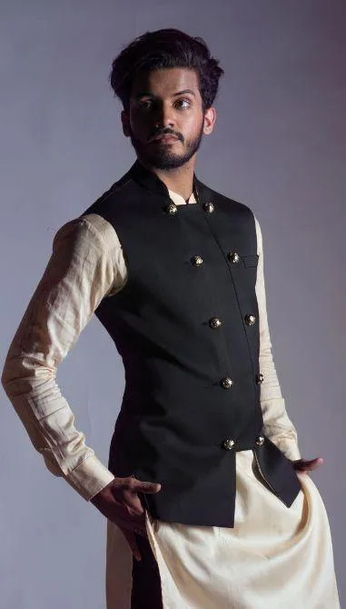 Black Nehru Coat with a Double Breasted Panel - Rent