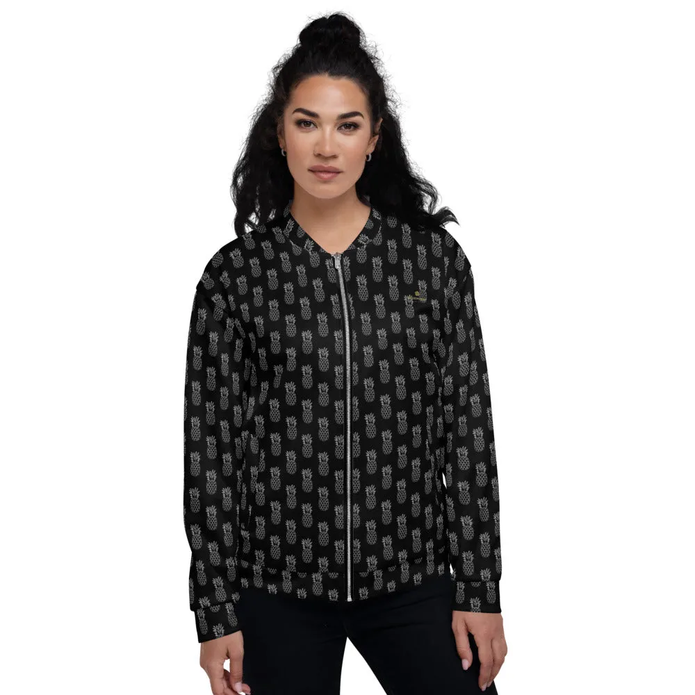 Black Pineapple Bomber Jacket, Modern Unisex Jacket For Men/Women With Pockets - Made in USA/ MX/ EU all