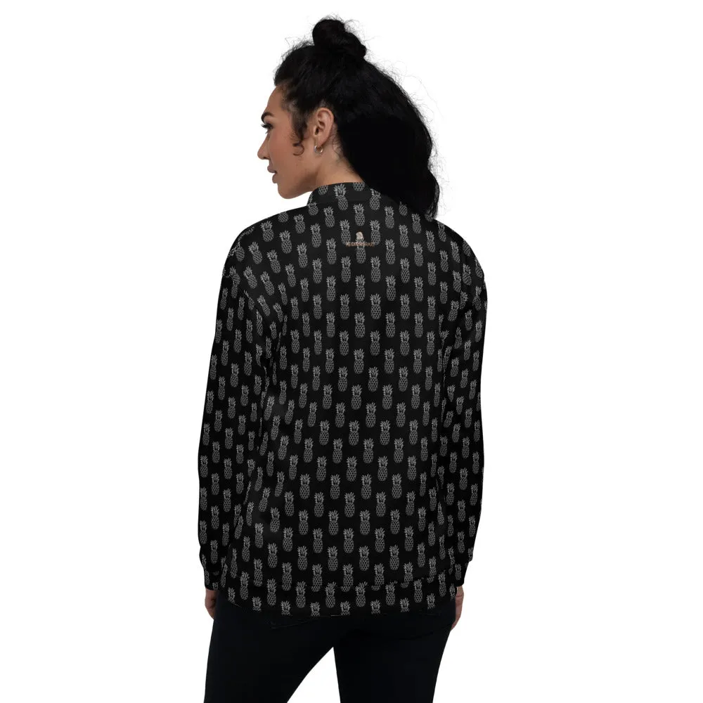 Black Pineapple Bomber Jacket, Modern Unisex Jacket For Men/Women With Pockets - Made in USA/ MX/ EU all