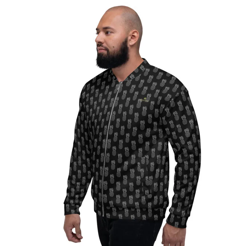 Black Pineapple Bomber Jacket, Modern Unisex Jacket For Men/Women With Pockets - Made in USA/ MX/ EU all