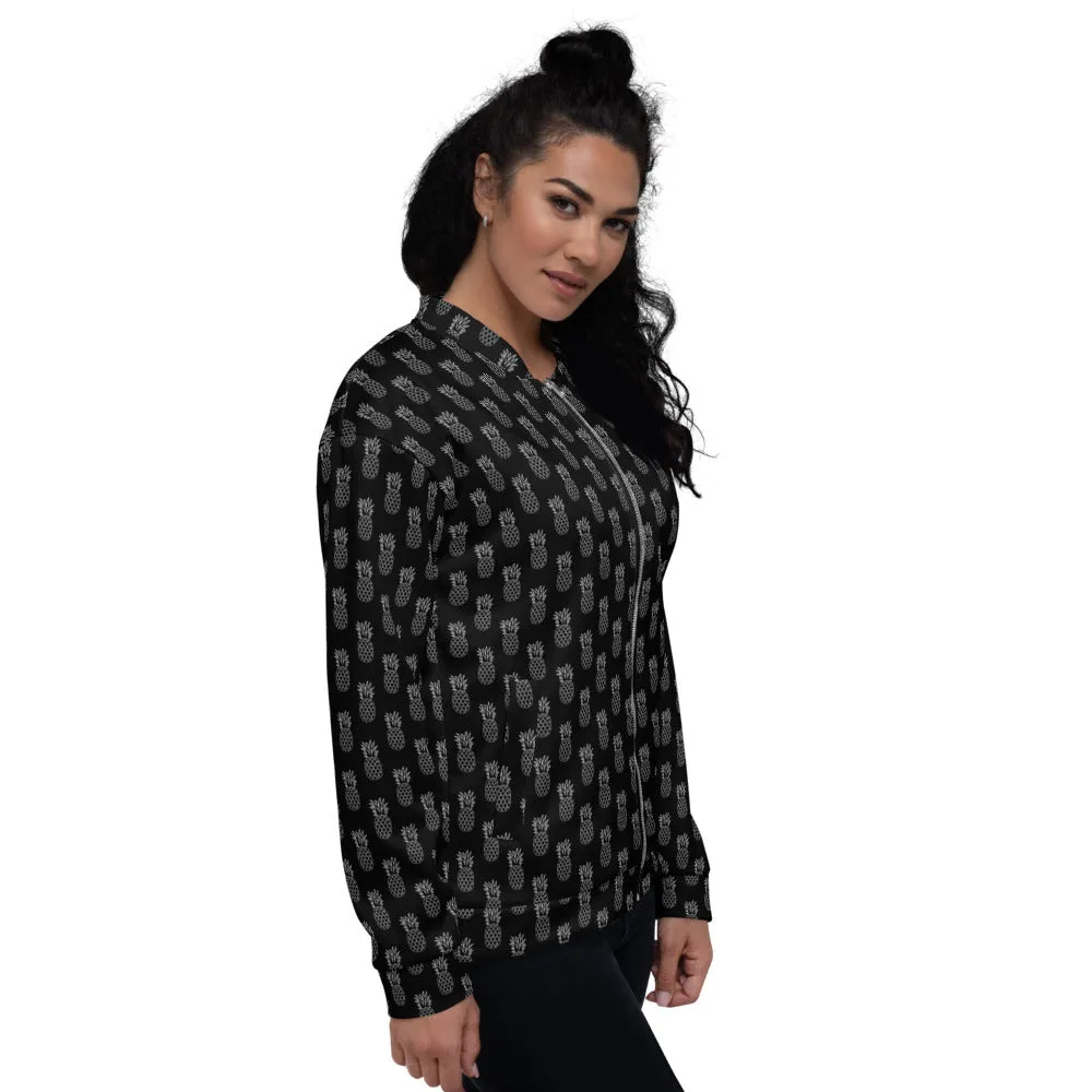 Black Pineapple Bomber Jacket, Modern Unisex Jacket For Men/Women With Pockets - Made in USA/ MX/ EU all