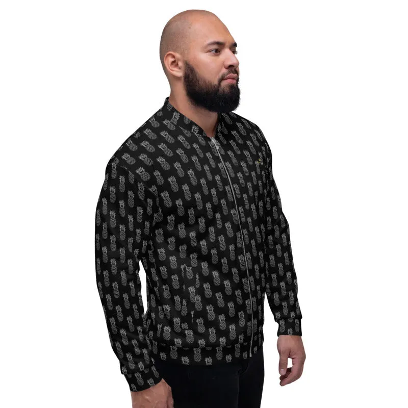 Black Pineapple Bomber Jacket, Modern Unisex Jacket For Men/Women With Pockets - Made in USA/ MX/ EU all