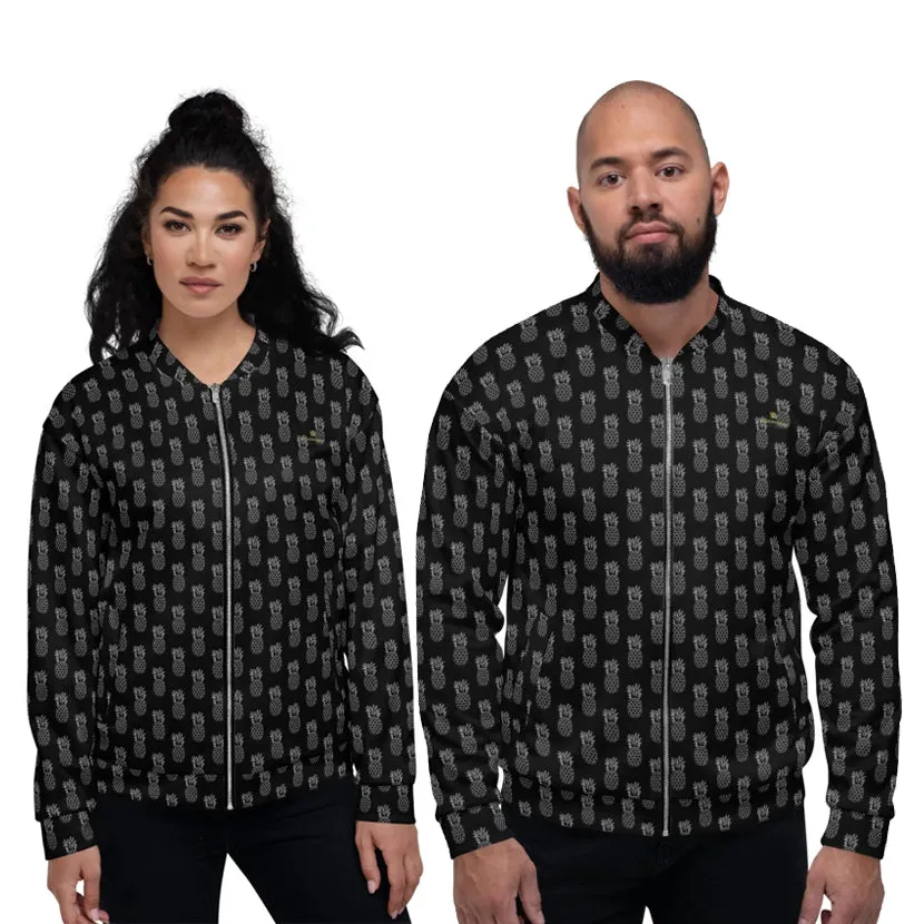 Black Pineapple Bomber Jacket, Modern Unisex Jacket For Men/Women With Pockets - Made in USA/ MX/ EU all