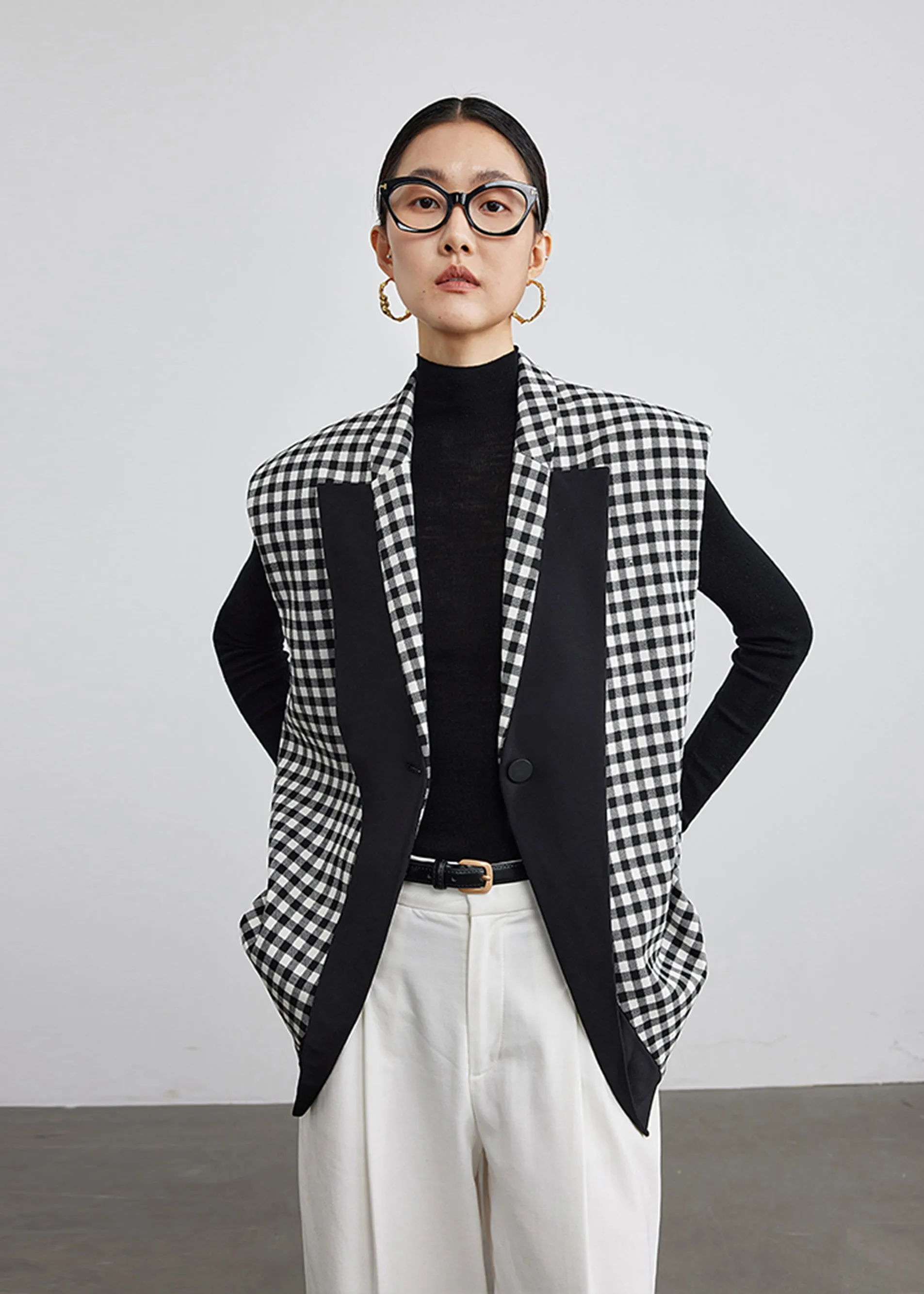 Black White Plaid Wool Blend Blazer Vest