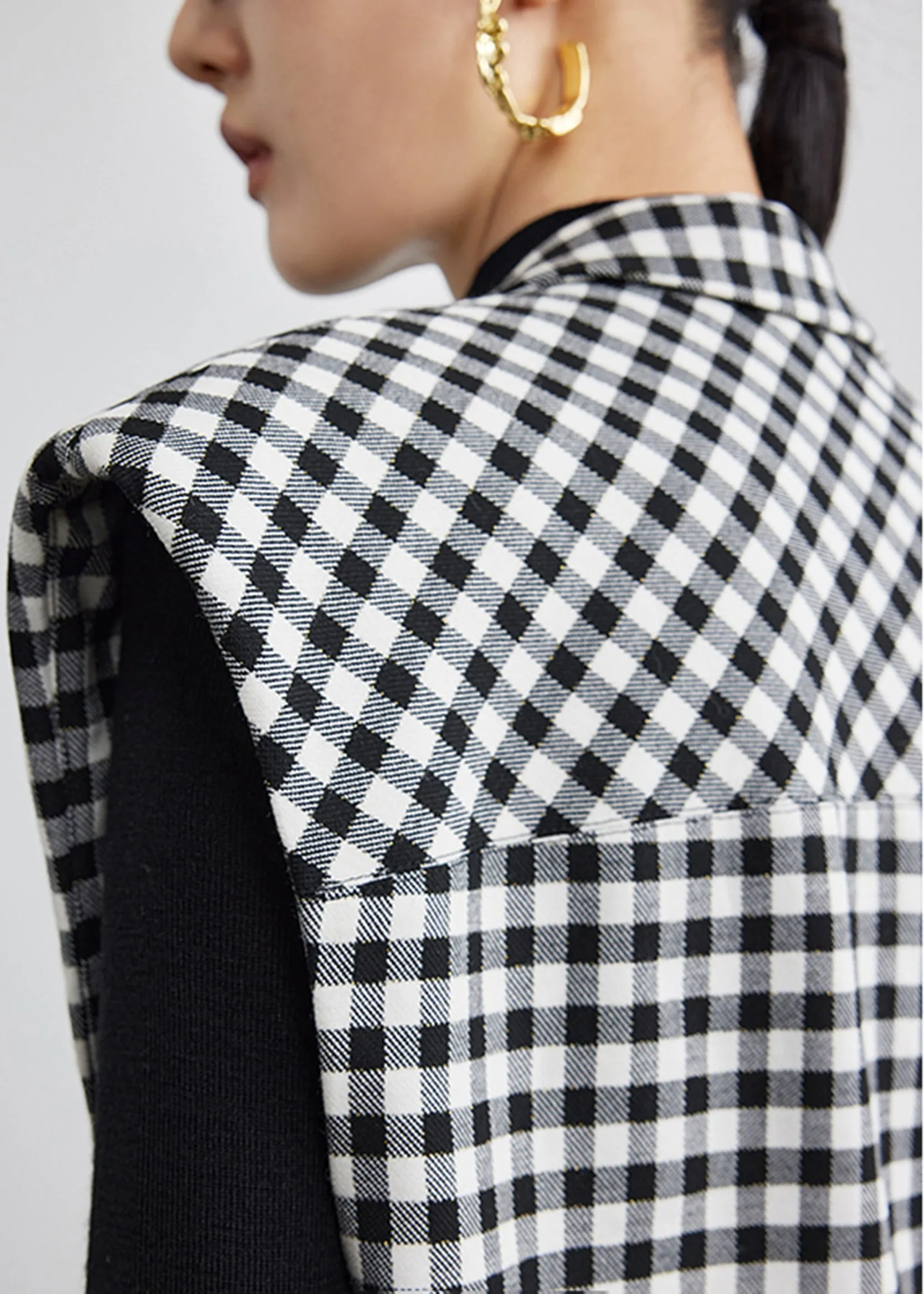 Black White Plaid Wool Blend Blazer Vest