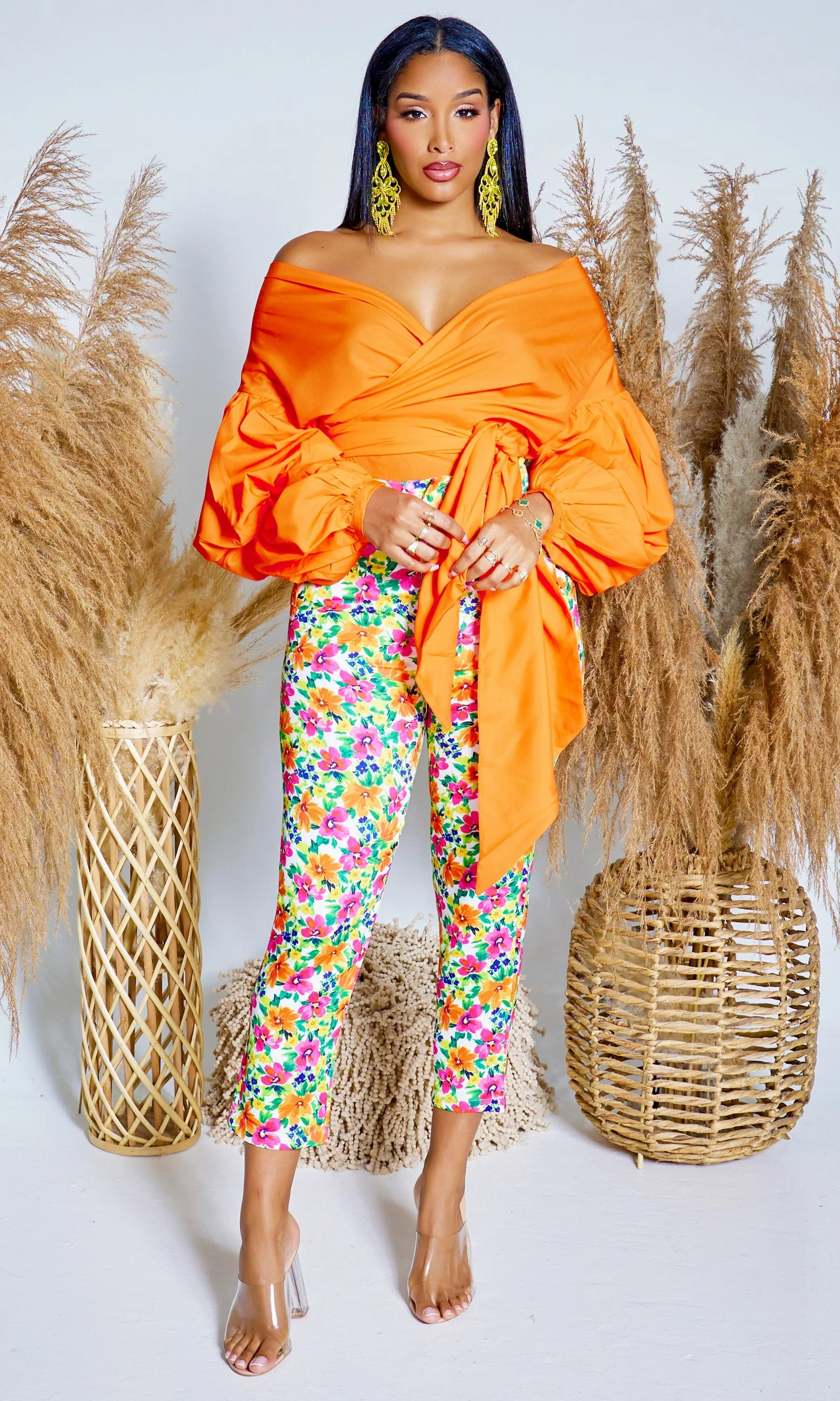 Blossom | Floral Print Pants - Orange Print  FINAL SALE