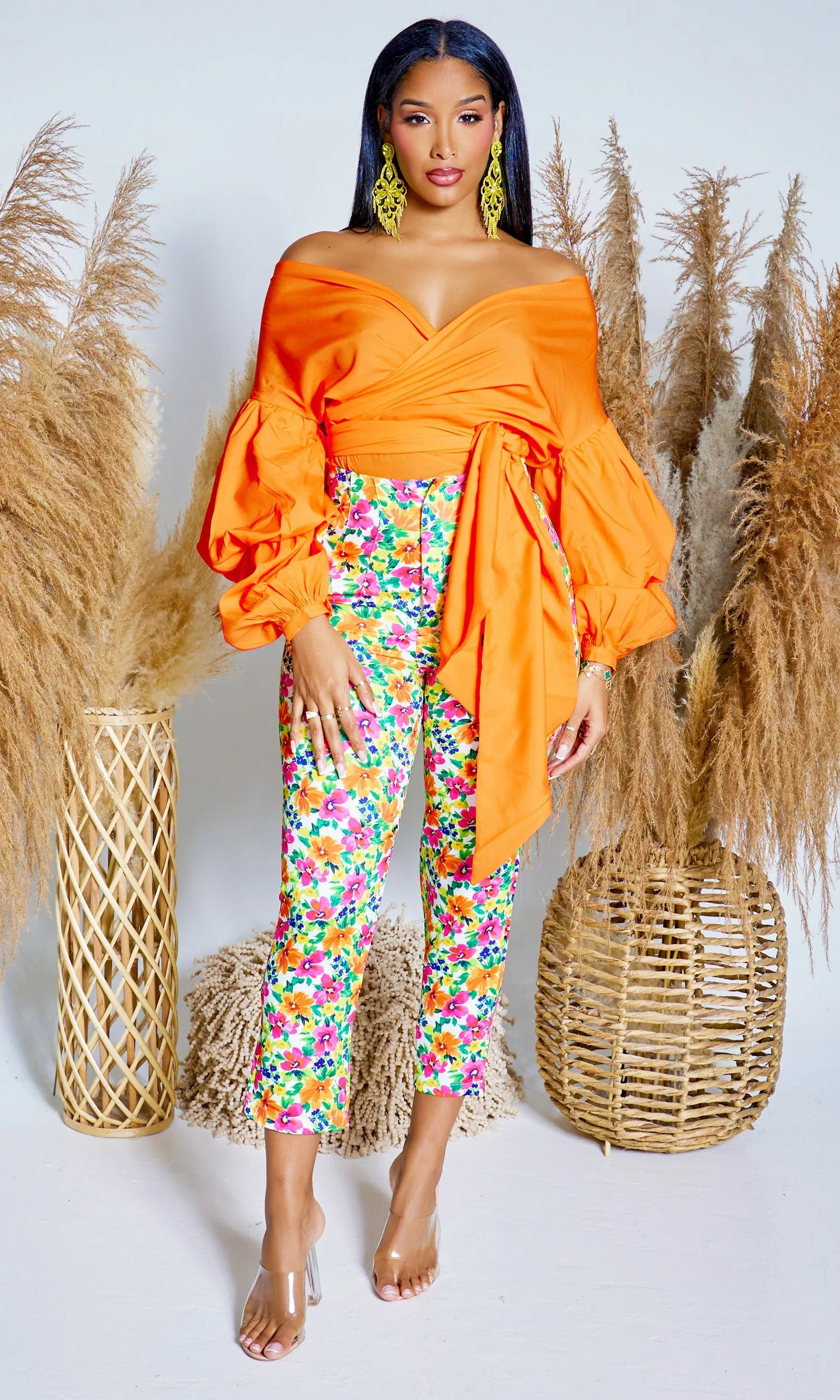 Blossom | Floral Print Pants - Orange Print  FINAL SALE