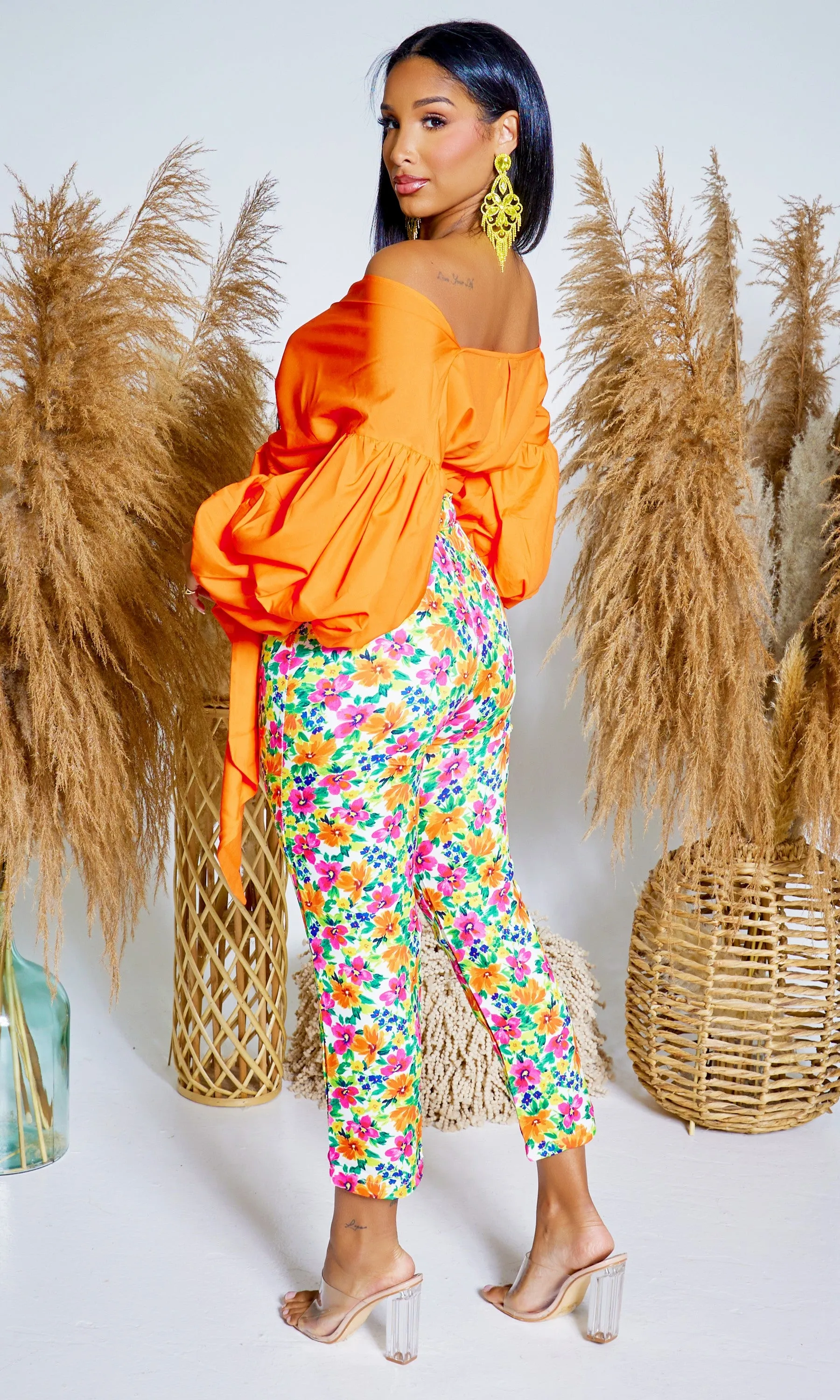 Blossom | Floral Print Pants - Orange Print  FINAL SALE