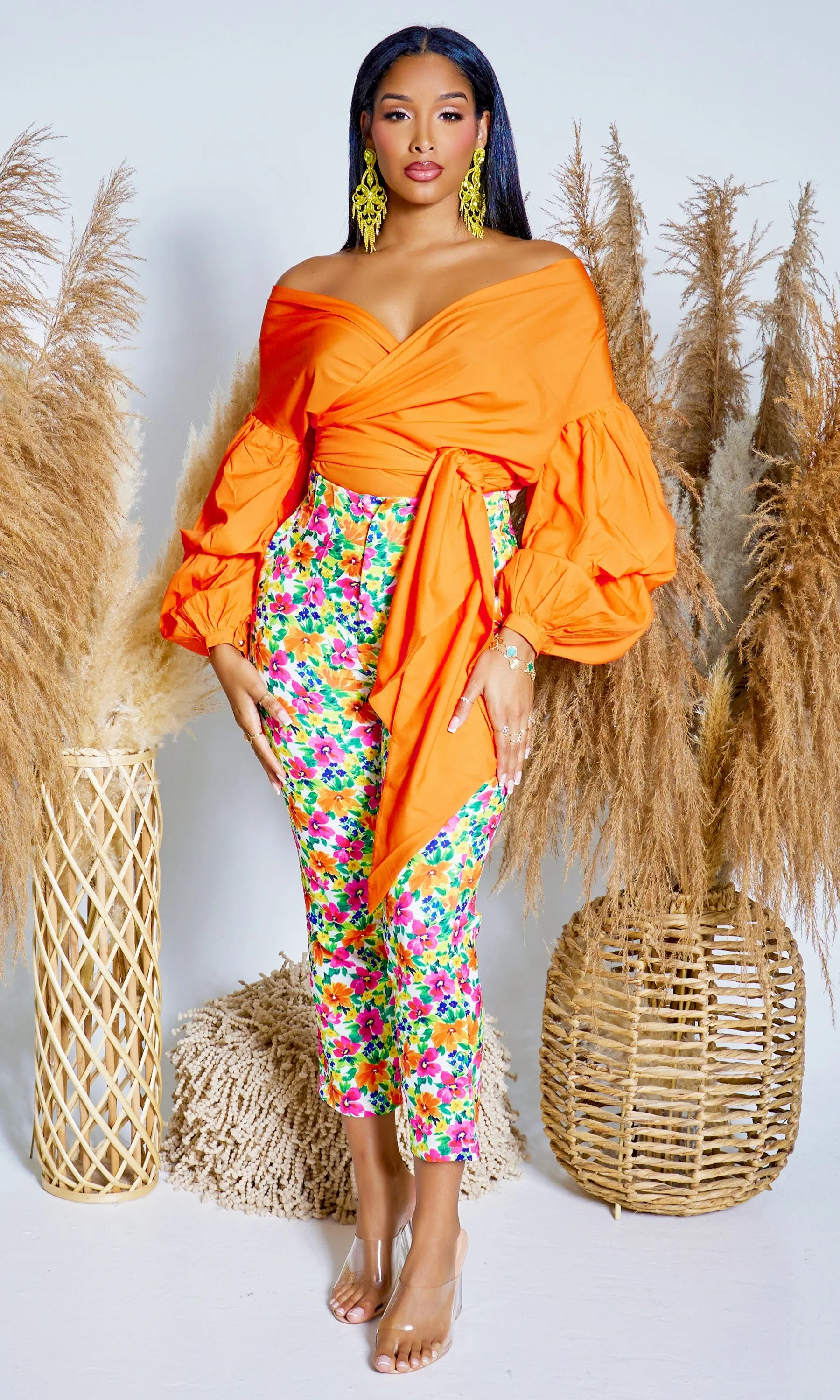 Blossom | Floral Print Pants - Orange Print  FINAL SALE