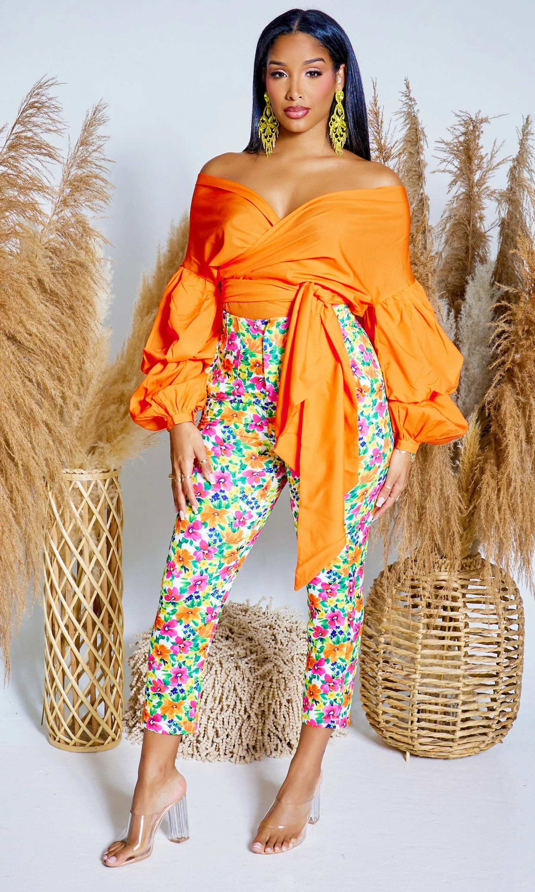 Blossom | Floral Print Pants - Orange Print  FINAL SALE