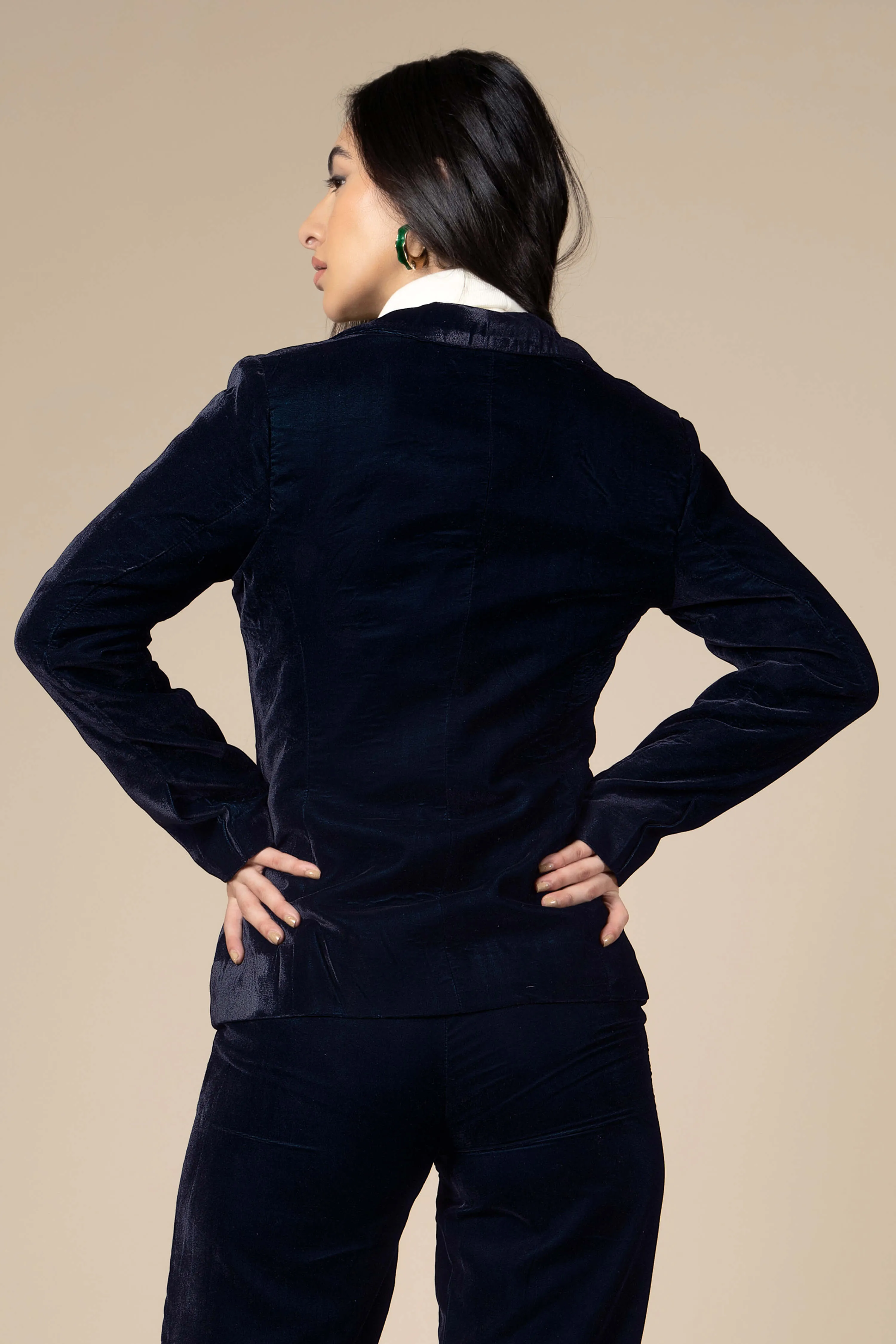 Blue Dual Tone Luxurious Velvet Blazer For Women