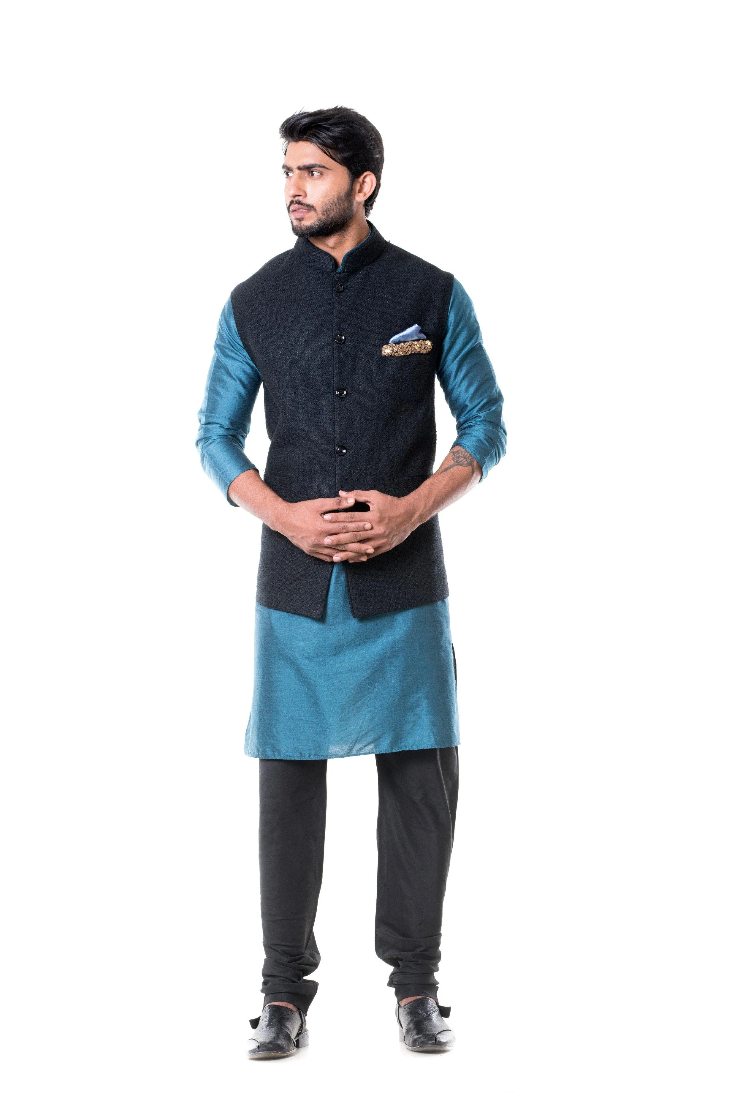 Blue Kurta With Black Waist Coat Set