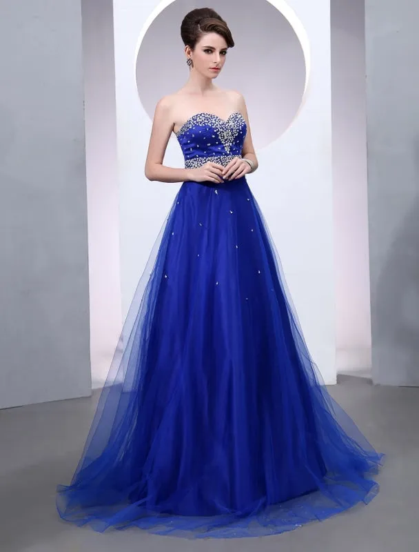 Blue Wedding Dress Tulle Backless Strapless Sweetheart Neckline Train Bridal Gown