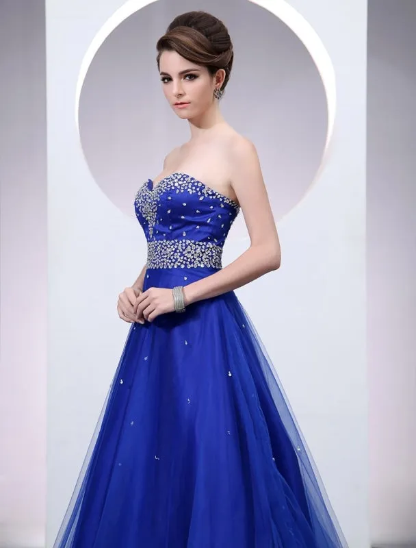 Blue Wedding Dress Tulle Backless Strapless Sweetheart Neckline Train Bridal Gown