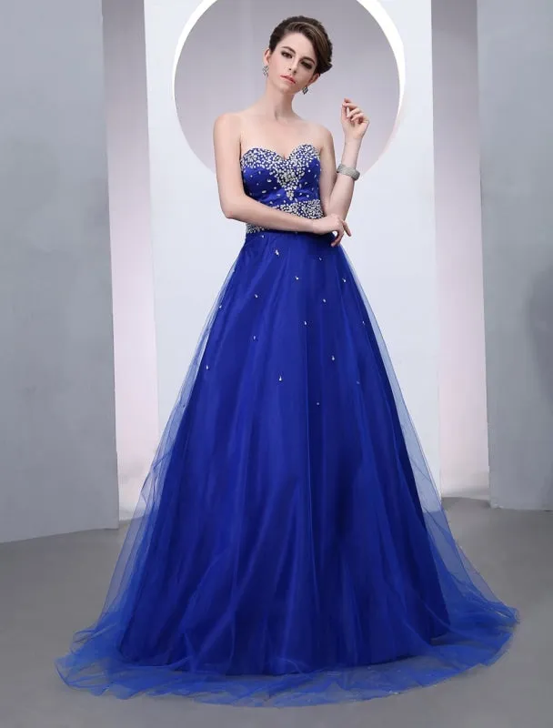 Blue Wedding Dress Tulle Backless Strapless Sweetheart Neckline Train Bridal Gown