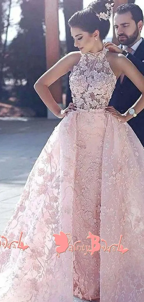 Blush Pink Lace Appliques High Neck Sleeveless Gorgeous Princess Ball Gown Prom Dresses. DB1051