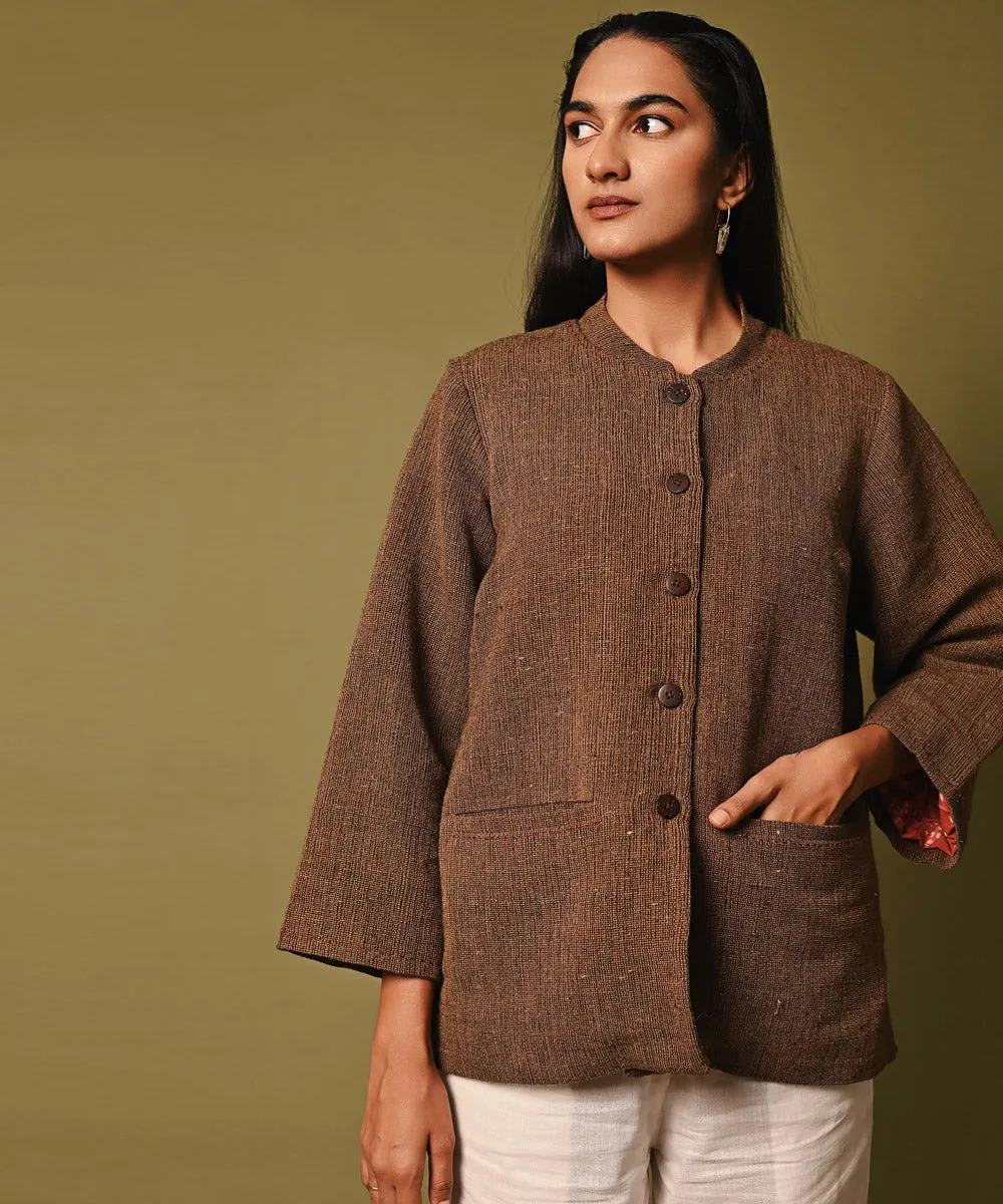 Brown handwoven woolen full sleeves jacket