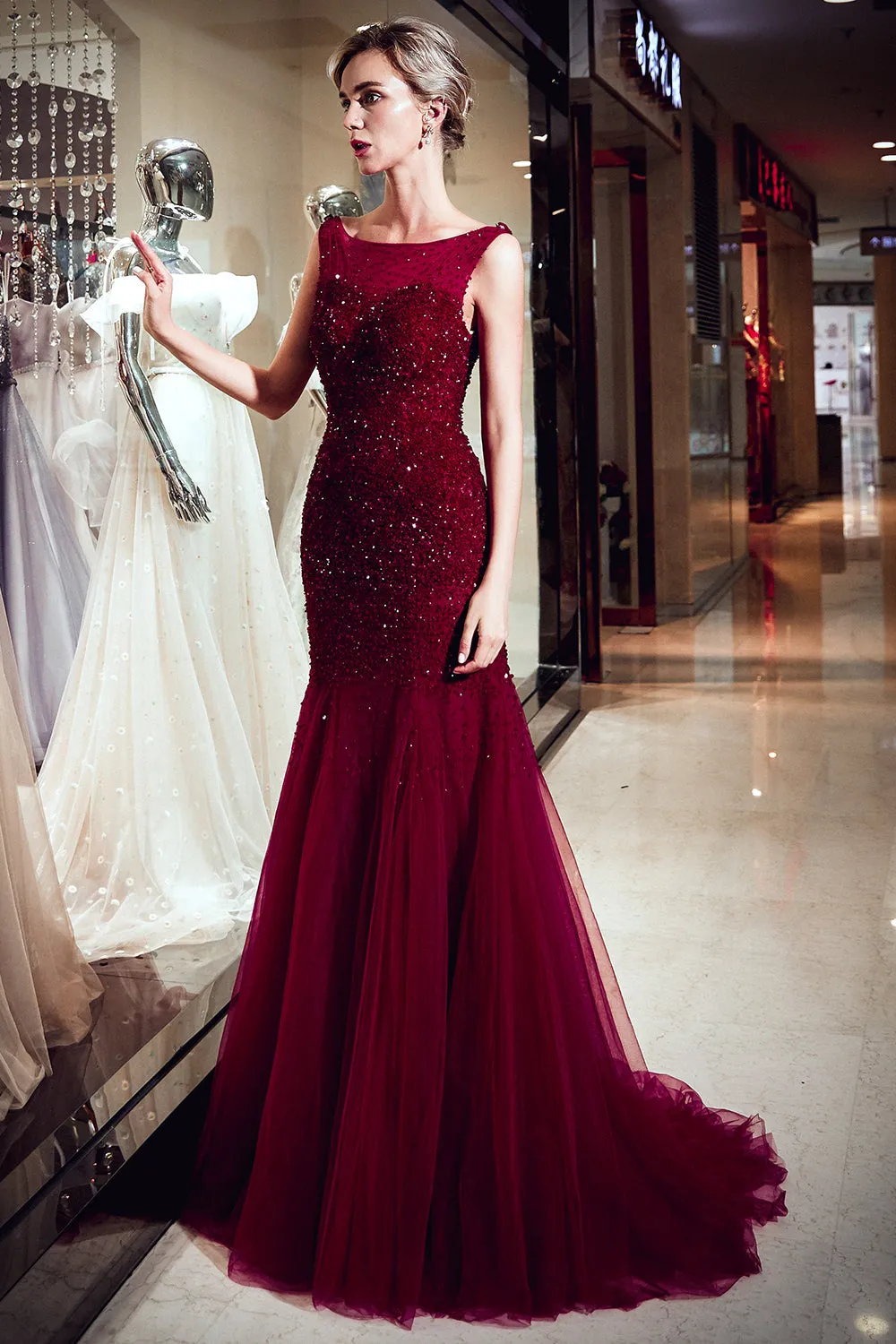 Burgundy Long Mermaid Tulle Sequined Evening Dresses