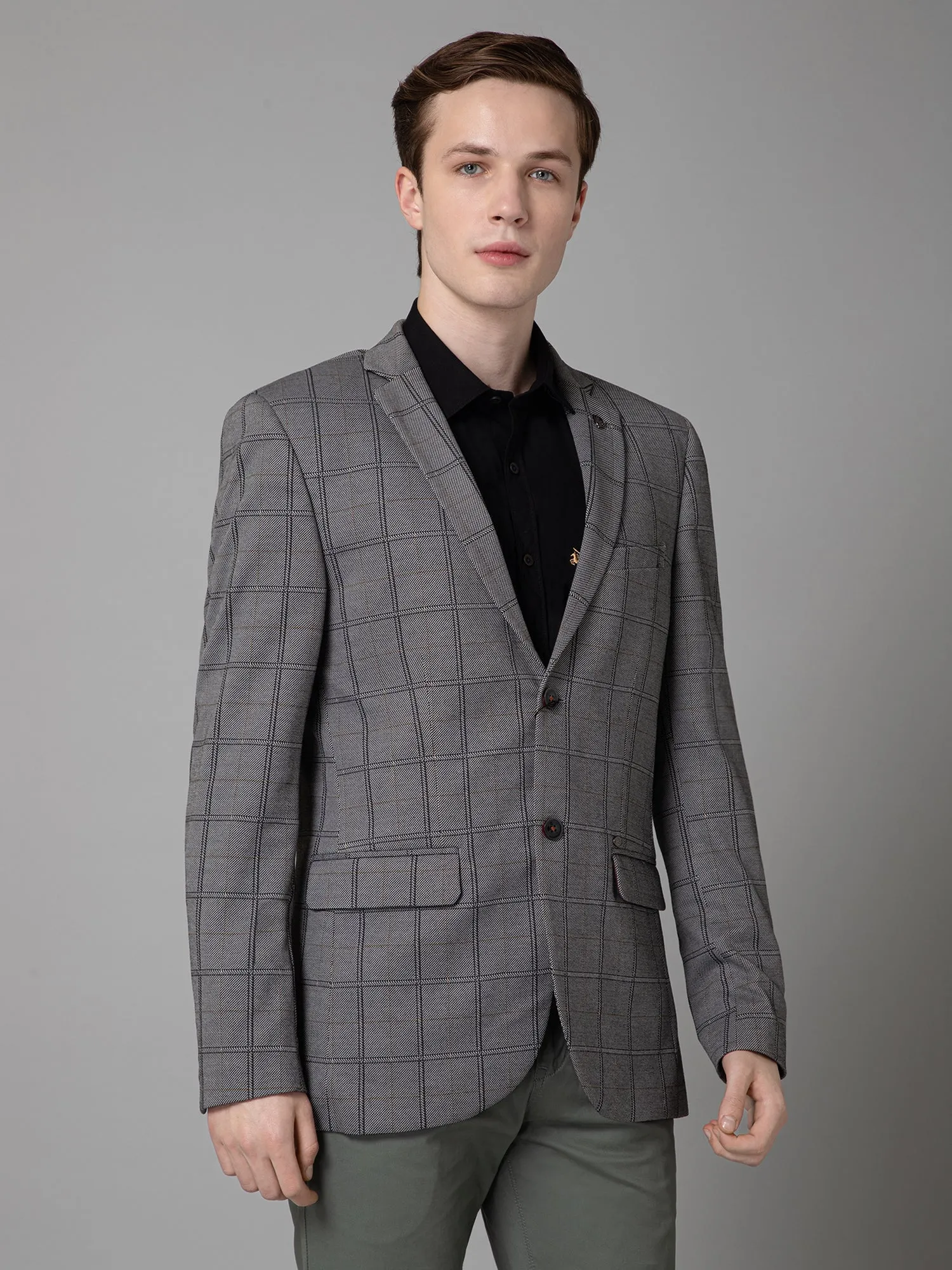 Cantabil Black Checkered Full Sleeves Casual Blazer For Men