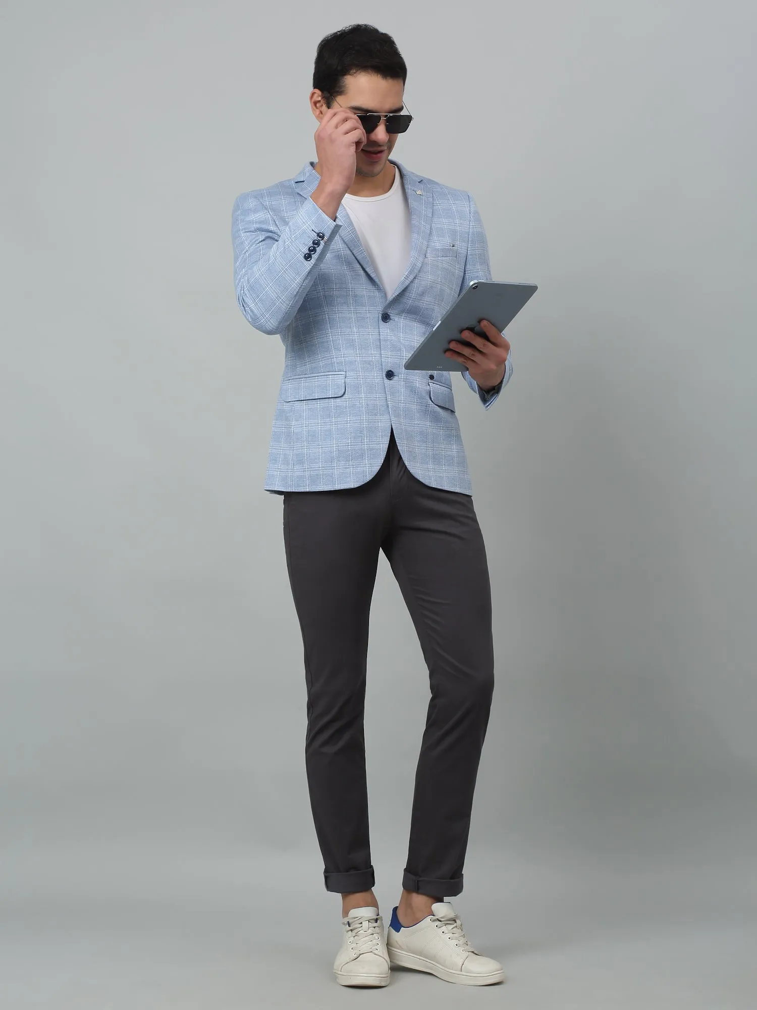 Cantabil Blue Checkered Full Sleeves Casual Blazer For Men